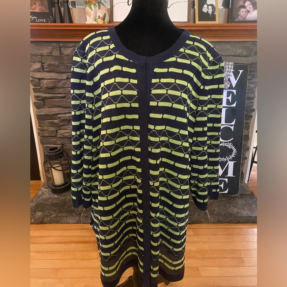 Ming Wang Navy & Lime Green Geometric Striped Cardigan